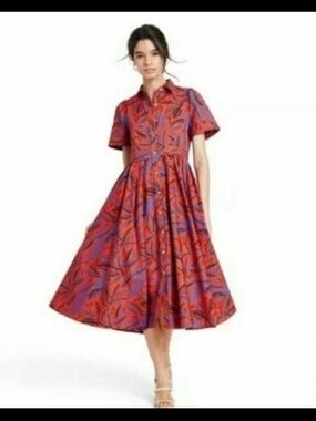 Printed Red and Purple Shirt Midi Dress